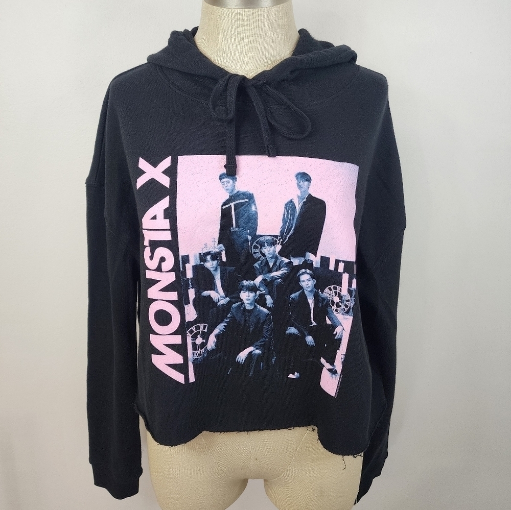 Monsta X K Pop Cropped Graphic Hoodie Black Pink Size Medium